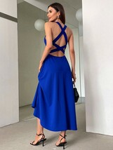 レディース ドレス _ 女性用　ブルー　Ｖネック　バッククロスストラップ　夏用　ショートドレス　セクシーでエレガントなデザイン_画像1