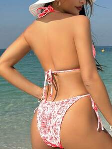 レディース 水着 ビキニセット 女性用のランダムプリント プッシュアップ水着セット、ビーチ/プール休暇に最適
