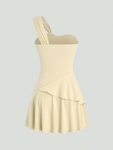 レディース ドレス 女性向けファッション シンプルなラインの不対称ネックデザインドレス、夏に最適