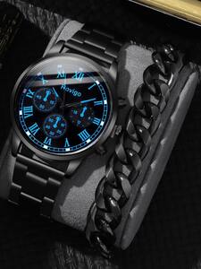 腕時計 メンズ セット 1個 ブラック 亜鉛合金 ストラップ ビジネス ラウンド ダイヤルクォーツウォッチ & 1個 ブレスレット