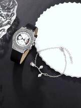 腕時計 レディース セット 1個 ブラック ポリウレタンストラップ ファッション ラウンド ダイヤルクォーツウォッチ & 1個_画像3