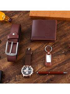腕時計 メンズ セット メンズファッションギフトセット - 3目クォーツウォッチ + 財布 + ベルト + ペン + キーホルダー
