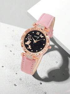 腕時計 レディース セット 女性 腕時計 ピンク 合成皮革ストラップ ステンレススチール製 ラインストーン飾り丸型ダイヤル クォー