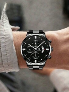 腕時計 メンズ セット 1個 ステンレススチール製 男性用腕時計 カレンダー ビジネス・ドレスウォッチ + 1個合金製チャームブレ