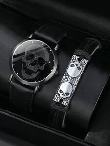 腕時計 メンズ セット メンズウォッチ 2本セット 男性用黒ストラップクオーツウォッチ、スカル柄付きダイアル＆スカルデザインレザー