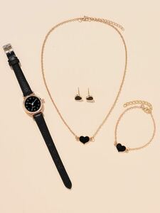 腕時計 レディース セット レディース腕時計 クオーツ時計＆ブレスレット ネックレス ピアス ハート装飾ジュエリーセット 4個入り