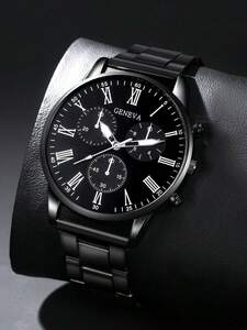 腕時計 メンズ クォーツ メンズウォッチ 1個 メンズ用ブラックステンレススチールバンドカジュアル＆シンプルダイヤルローマ数字クオ