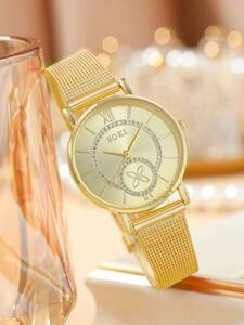 腕時計 レディース セット レディースウォッチ1個、女性用ゴールドステンレススチールストラップファッションラインストーン付きラウン