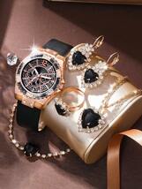 腕時計 レディース セット レディースウォッチ 6個セット、女性用ブラックストラップクオーツ腕時計、輝くフルラインストーン文字盤+_画像6