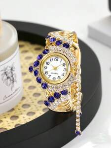 腕時計 レディース セット 女性用腕時計 ゴールド色ステンレススチールストラップ、グラマラスなラインストーン飾り丸型ダイアルクォー