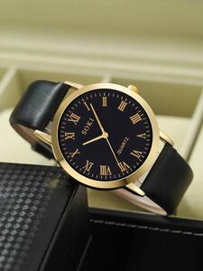 腕時計 メンズ セット 男性用腕時計1個、黒いポリウレタンストラップ、ビジネスラウンドダイヤルクオーツ時計、デイリーデコレーション