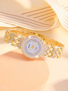 腕時計 レディース セット レディースウォッチ 1個、女性用亜鉛合金ストラップ グラマラスなラインストーン飾り 円形ダイヤル クォ