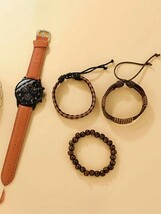 腕時計 メンズ セット メンズ時計 1個、ブラウン色のストラップのカジュアルなクオーツ時計とブレスレット3個セット、父の日ギフト、_画像1