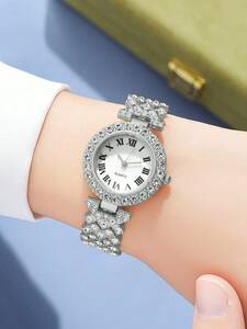 腕時計 レディース セット 女性用腕時計 シルバー ジンク合金ストラップ グラマラスなラインストーン装飾 丸い文字盤 クオーツ時計