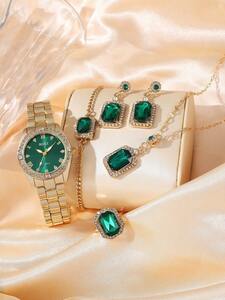 腕時計 レディース セット レディースウォッチ 1個 女性用 グリーンダイアル&フルラインストーン装飾 ステンレススチールストラッ