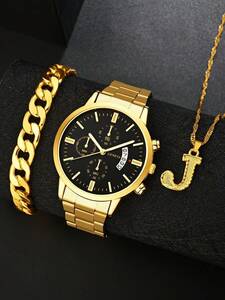 腕時計 メンズ セット 男性用時計 1個　丸型ポインターデイトクォーツ時計&2種類のジュエリーセット付き時計 　父の日の贈り物に最