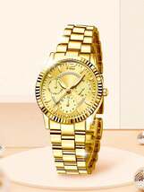 腕時計 レディース クォーツ レディース時計 金色丸型フルストップダイヤル合金バンド、カジュアルで豪華なクオーツ腕時計女性用1個_画像6