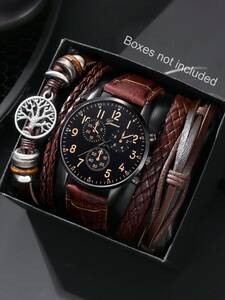 腕時計 メンズ セット メンズウォッチ4個セット、男性用茶色ストラップファッショナブルなカジュアルな丸型ダイヤルポインタークォーツ