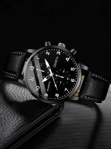 腕時計 メンズ セット メンズウォッチ 1個、男性用ブラックレザー ステンレススチールケース カジュアルクォーツウォッチ、ブレスレ