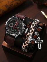 腕時計 メンズ セット メンズウォッチ1個 メンズカレンダーファッションクォーツ腕時計 + 十字架ブレスレットジュエリーセット1個_画像3