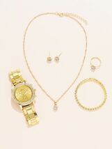 腕時計 レディース セット レディース時計 ゴールド ウォッチ ラインストーン装飾 クオーツ時計とピアス5個リングブレスレットネッ_画像2