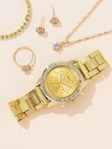 腕時計 レディース セット レディース時計 ゴールド ウォッチ ラインストーン装飾 クオーツ時計とピアス5個リングブレスレットネッ_画像1