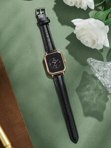 腕時計 レディース セット 1個 ブラック ポリウレタンストラップ カジュアル 四角形 ダイヤルクォーツウォッチ & 5個 ブレ