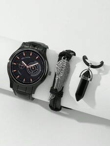 腕時計 メンズ セット 3個セット、1個ファッションメンズクールデザインダイヤルレザーベルト手首時計＆1個メンズカジュアルウィング