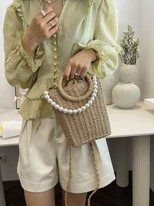 レディース バッグ ハンドバッグ 女性用ファッションドローストリングクロージャー パールチェーン装飾付きラウンド編み手提げバッグ、