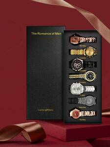 腕時計 メンズ セット 1箱男性用限定ウィークリー ラッキーギフトセット 7点セット カジュアル、ビジネス、スポーツ用クオーツウォ