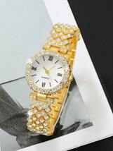 腕時計 レディース セット 個女性ゴールド ステンレス スチール ストラップ グラマラス ラインストーン装飾ラウンド ダイヤル ク_画像2