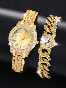 腕時計 レディース セット レディースウォッチ　2個セット　女性用フルラインストーン宝石クオーツウォッチ＆ブレスレットセット