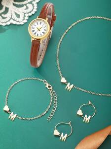 腕時計 レディース セット レディースウォッチ 4個セット ゴールドカラー 文字とハートデザインのネックレス、ブレスレット、ピアス