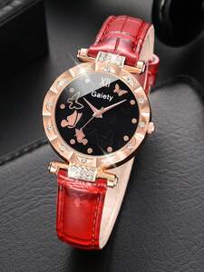 腕時計 レディース セット 5個セット レディース腕時計、赤いストラップファッションカジュアルシンプルな蝶のダイヤル、赤い蝶のジュ