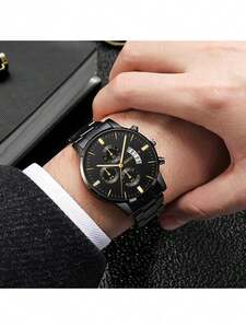 腕時計 メンズ セット 2個セットのファッション ステンレススチール製クォーツ時計、ゴールド装飾とマッチングブレスレットつき -