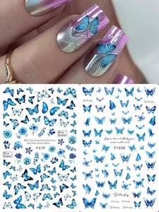 ネイル ステッカー ネイルシール 2枚セット 青い蝶のデザイン 英文字 自己接着スライド式 フラワーデザイン 春装飾