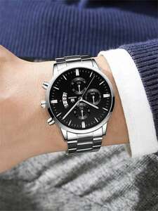 腕時計 メンズ クォーツ 男性用時計、三連デザインの文字盤と日付表示、ラウンドポインター クォーツ時計、デイリーライフ向け