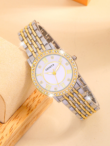 腕時計 レディース セット 女性用時計 1個、ジンク合金ストラップ、輝くラインストーンが留め具、丸い文字盤 クォーツ ムーブメント