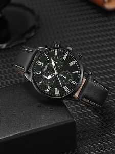 腕時計 メンズ クォーツ スタイリッシュでシンプルなビジネス フェイク 3目デジタルローマン ポインター 黒革ベルト メンズ腕時計