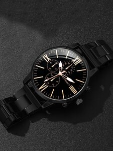 腕時計 メンズ セット ビジネス用ラウンドダイアルクオーツメンズウォッチ、ブラック亜鉛合金、普段着用のブレスレット1個セット