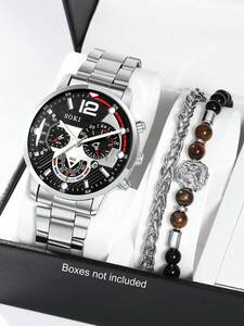 腕時計 メンズ セット メンズ時計 カレンダー付き ステンレススチールバンド の カジュアルなクオーツ時計 男性用 1個 と ビー