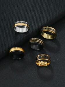 リング メンズ セット ローマ数字 ステンレス製 模様入り 男性用指輪 セット 5個