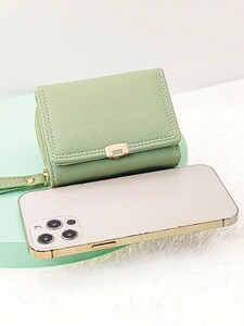 財布 ミニウォレット ハンドヘルド式 短い三つ折り財布 レザー製 女性用マルチ機能財布、ファスナー付き大容量コインケースおよび書類