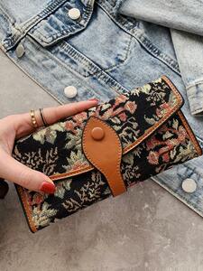 財布 長財布 刺繍模様入りの女性用クラシックなロング財布、大容量ファッションクラッチ、ブラウン色