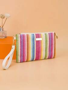 レディース バッグ ハンドバッグ 編み込みデザインとカラーブロックが特徴的な女性用エンベロープクラッチバッグ