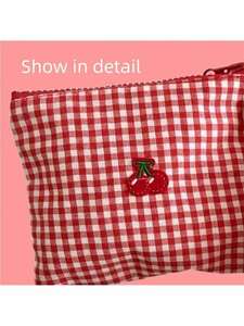 レディース バッグ クラッチバッグ 1個 刺繍されたチェリーパターン キャンバスコスメティックバッグ、ポータブルな赤いチェック柄
