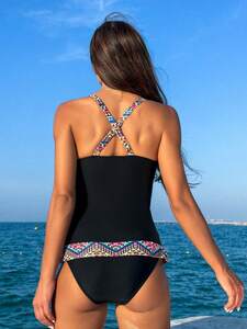 レディース 水着 ビキニセット 夏のビーチ用 女性用ジオメトリック模様 キャミタンクトップ＆三角形タンキニセット クリスクロスバッ