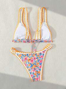 レディース 水着 ビキニセット 女性用フラワープリント ビキニセット、プリント柄はランダム、夏のビーチウェア