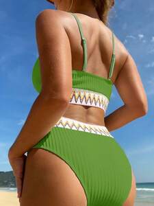 レディース 水着 ビキニセット ビーチバケーション用 カラーブロック編み上げ ビキニセット、夏のビーチに最適