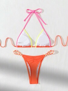 レディース 水着 ビキニセット 女性用 コントラストカラー ホルターネック セクシービキニセット、バケーションに最適